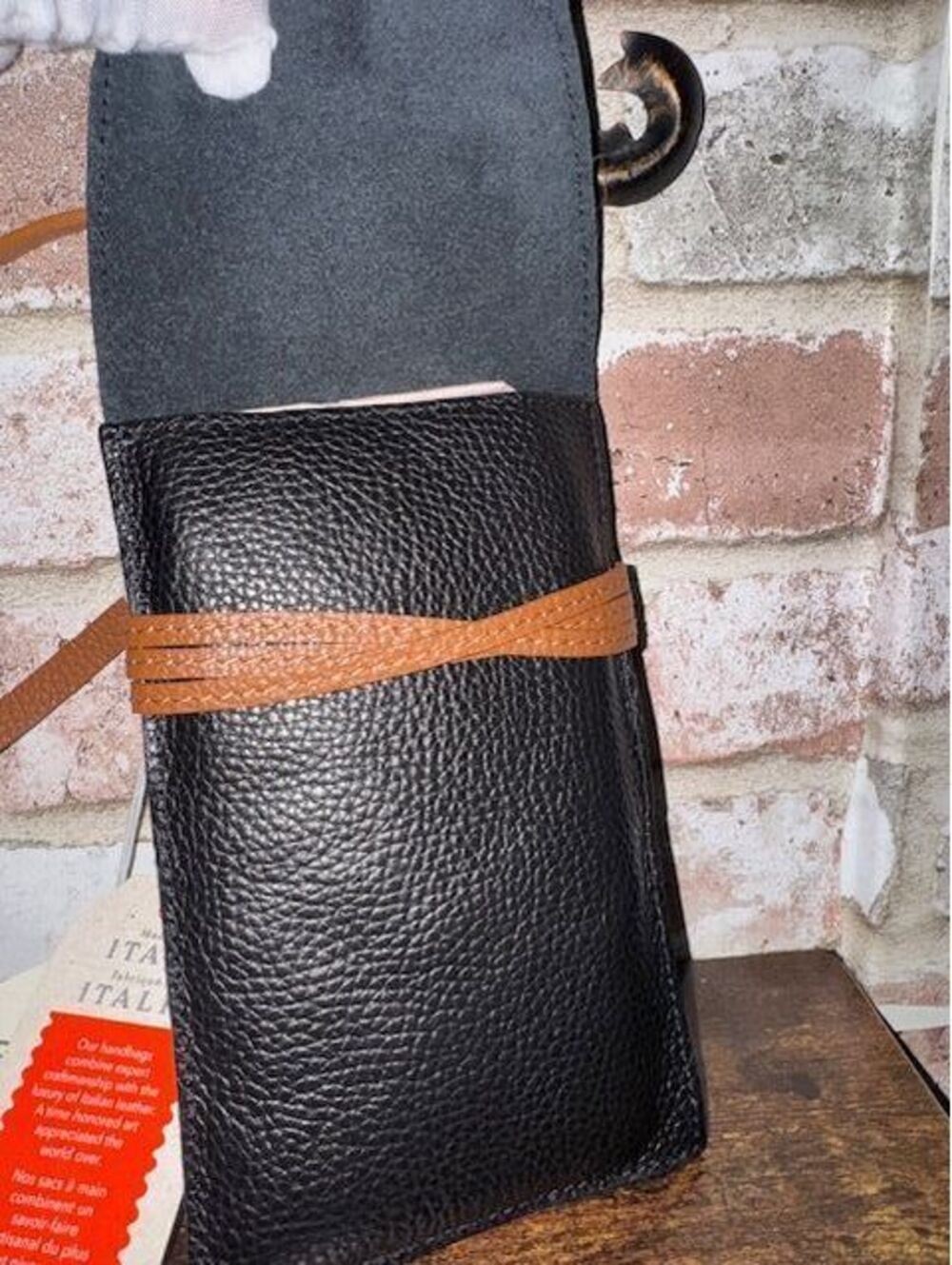 Divina Firenze Crossbody Flap Bag in Black with Brown Strap ($98)